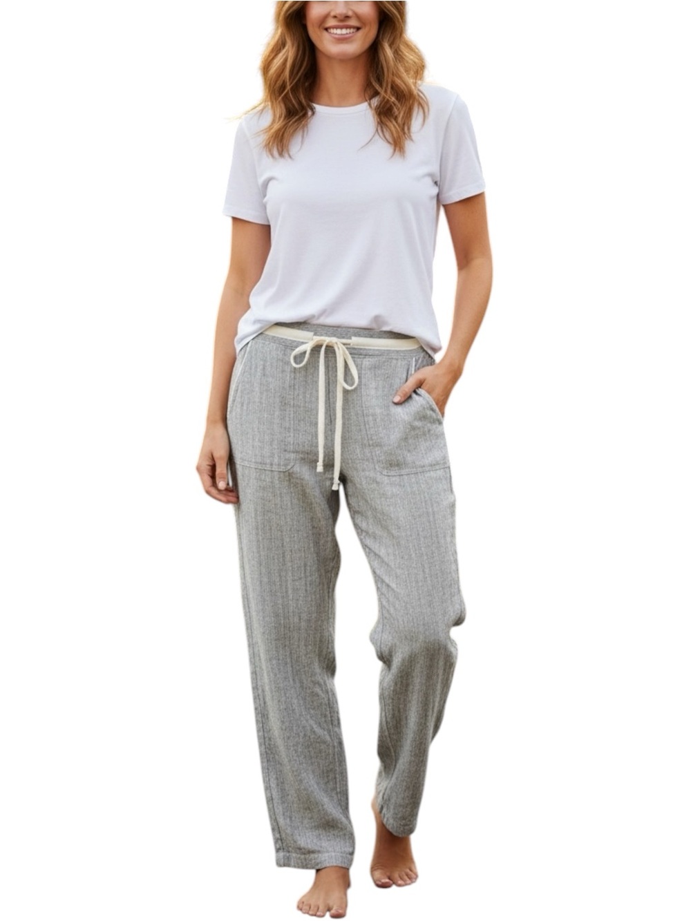 Caslon White & Navy Stripe Linen Blend Drawstring Pants - Extra Large Petite